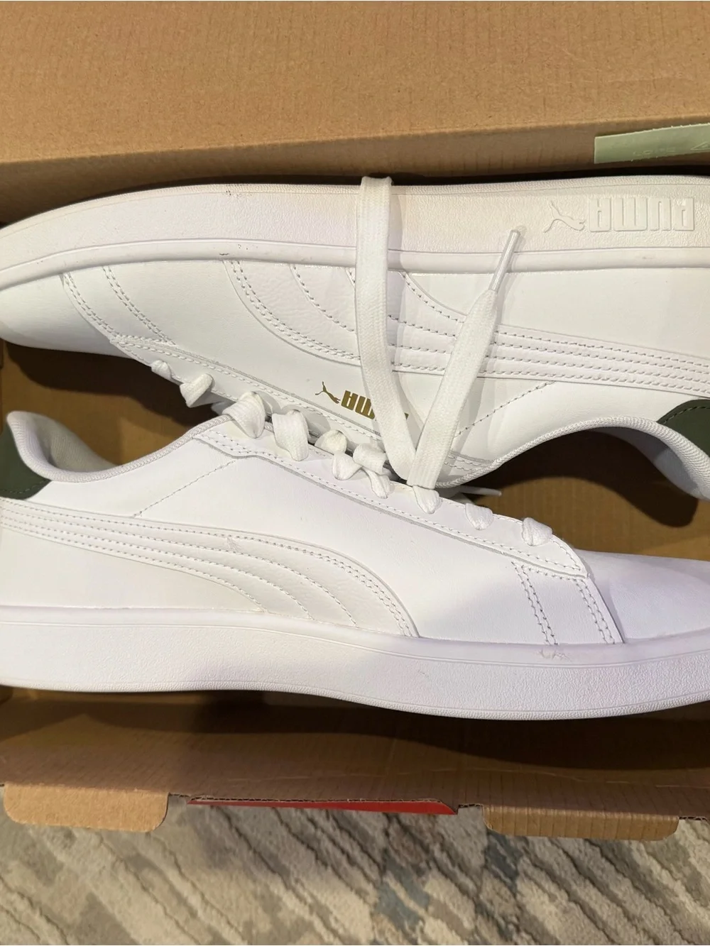 Puma White Sneakers with Green Heel Accent